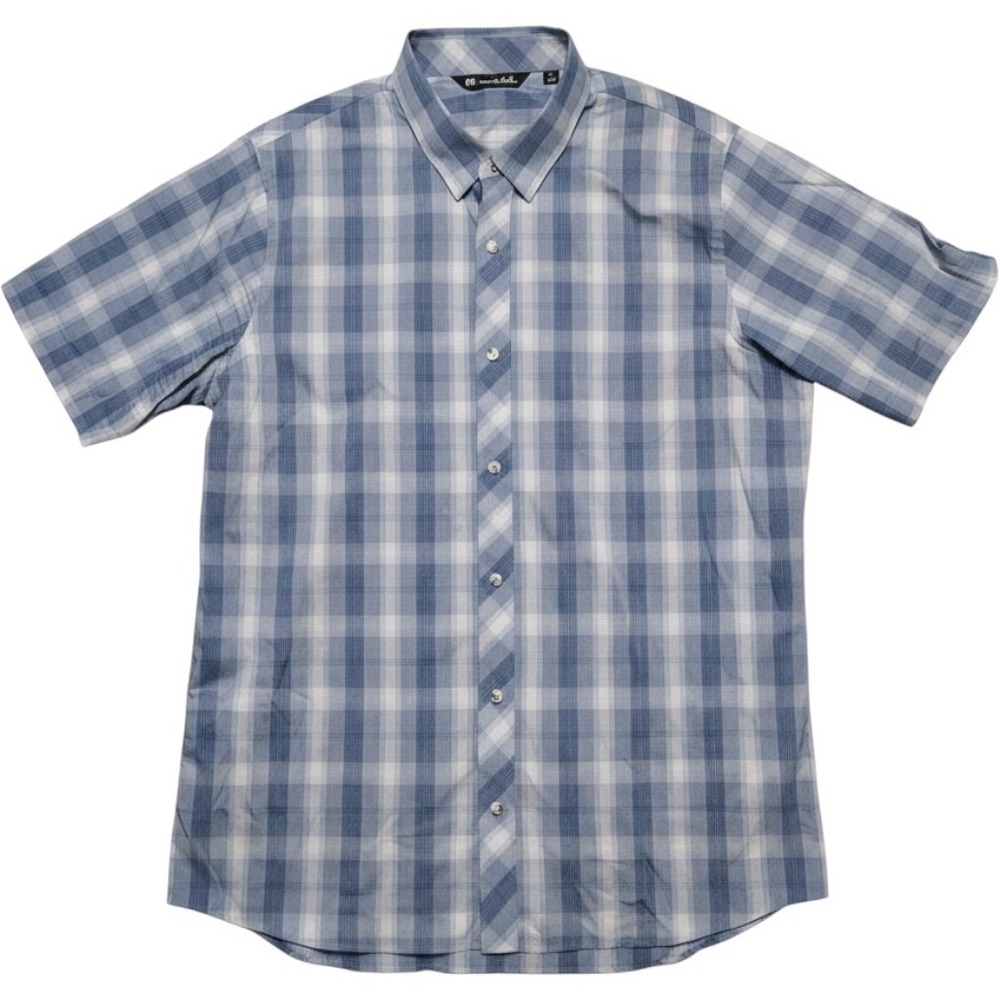 Travis Mathew Shirt Mens Large Stretch Short Sleeve Button Up Blue Plaid